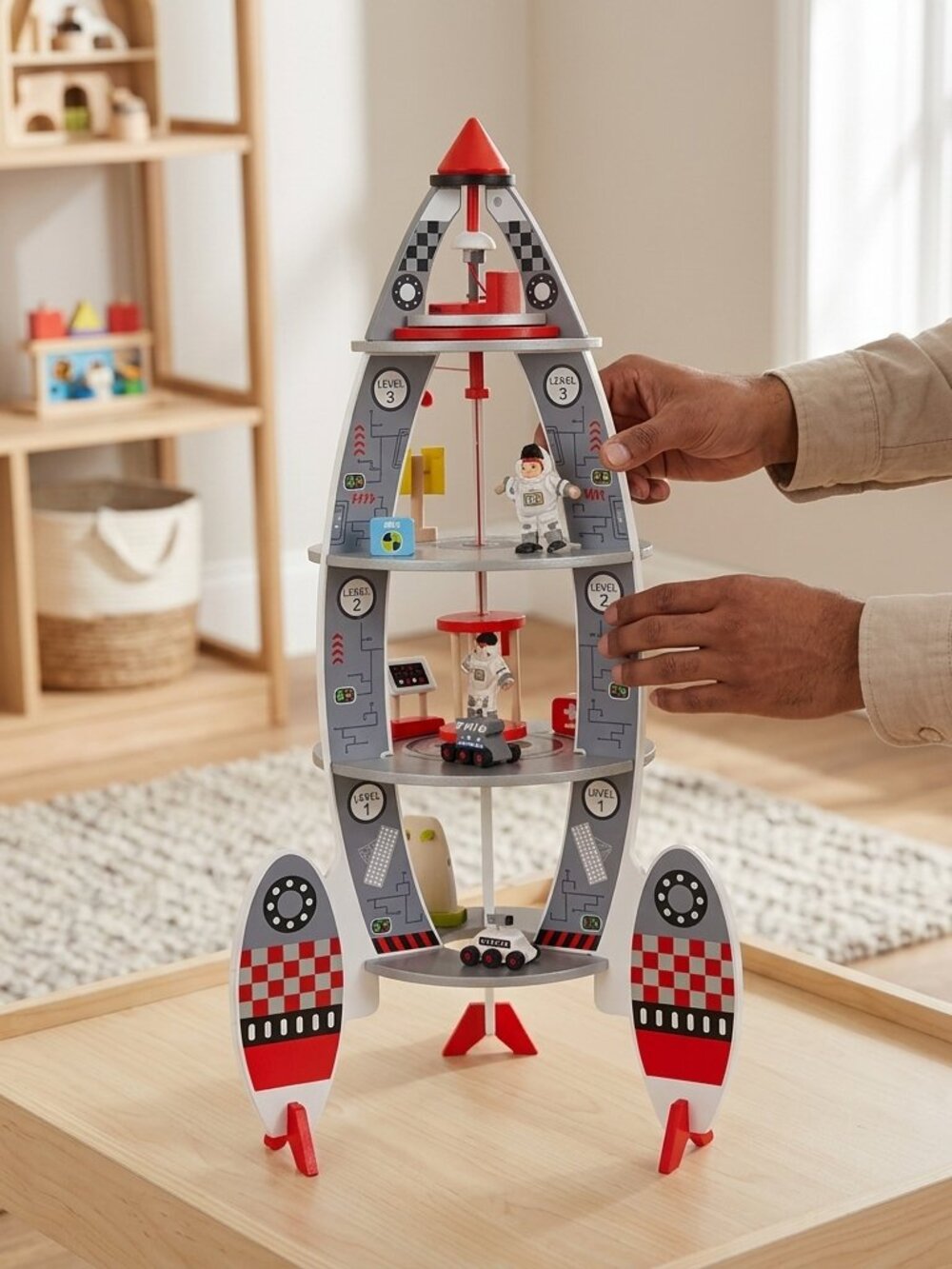 Large Wooden Rocket Ship Playset for Kids, Montessori Space Astronaut Toy - Picture 3 of 16